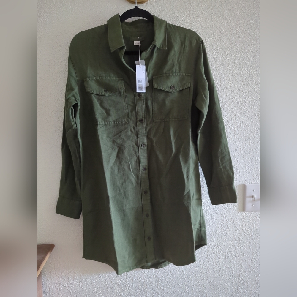 Outerknown Women's Size S Green Utility Shirt Dress Long Sleeve Linen Org Cotton